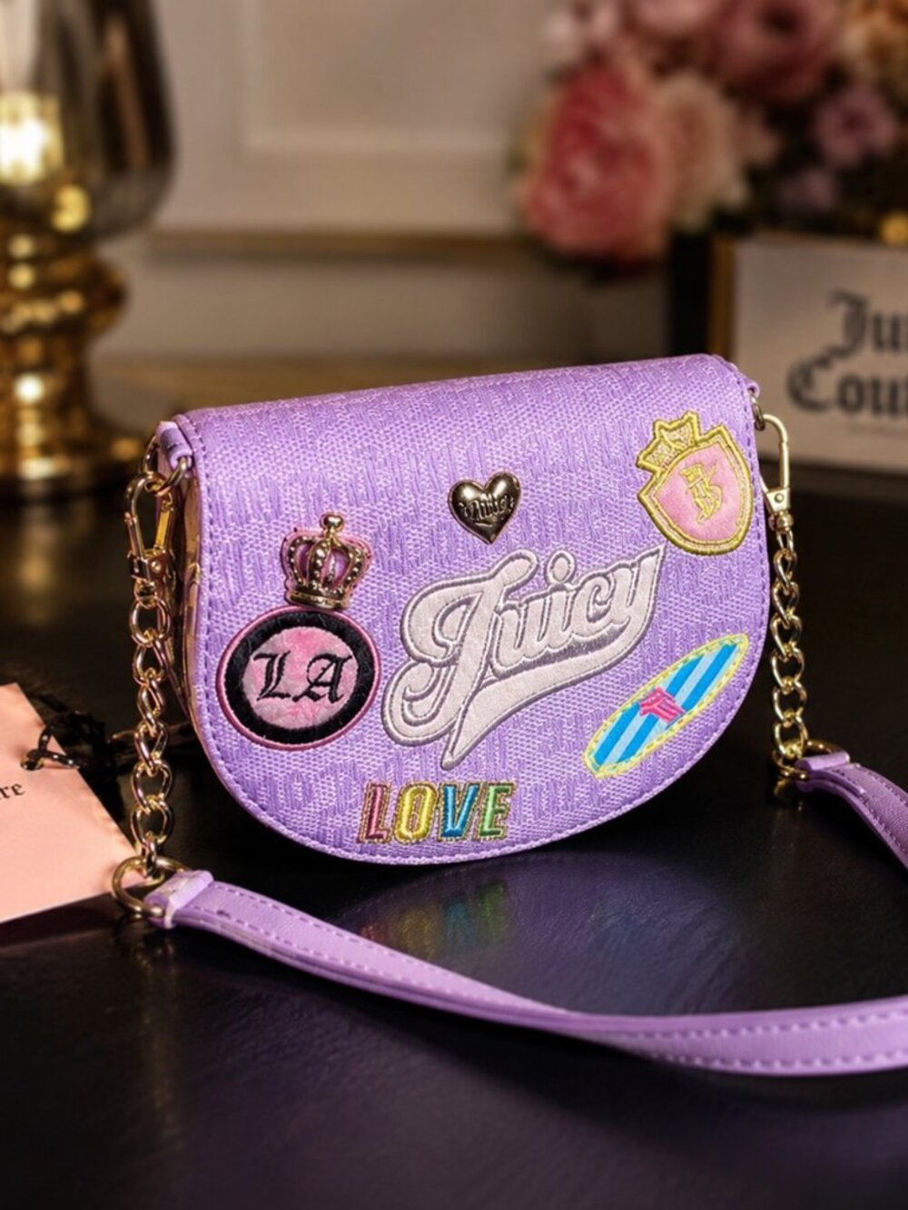Juicy Couture Purple Mini Crossbody Bag Logo Patches Chain Strap NWT
